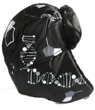 Load image into Gallery viewer, Black Alex unisex ushanka trapper hat with faux fur lining and geometric pattern, featuring removable mask for added warmth and windproofing.