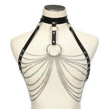 Cargar imagen en el visor de la galería, Goth leather body harness chain bra with intricate metal chains on a mannequin, ideal for alternative fashion and gothic style.