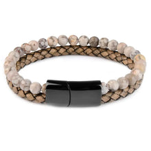 Load image into Gallery viewer, Natural stone and genuine leather bracelet with black clasp, stylish accessory for sophistication.