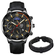 Load image into Gallery viewer, Men's casual leather watch with black face and bracelet, featuring classic design and modern functionality.