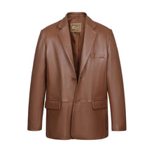 Load image into Gallery viewer, REED Men's Premium Lambskin Leather Blazer Jacket, imported, luxury soft-touch classic style, American fit, brown color, front view.