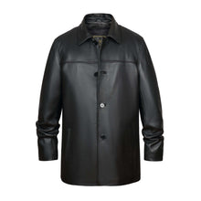 Load image into Gallery viewer, Men's lambskin leather four-button car coat by REED EST. 1950, classic winter jacket, premium quality, black, front view.