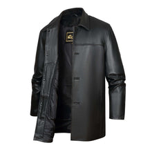 Load image into Gallery viewer, REED EST. 1950 men's jacket in black genuine lambskin leather, four-button car coat, open view showing interior features