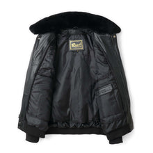 Load image into Gallery viewer, Open view of REED Men's Premium Leather Aviator Bomber Jacket highlighting inner lining and classic design.