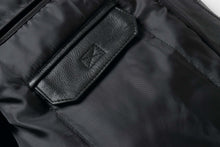 Load image into Gallery viewer, Close-up of a black leather envelope pocket on the REED Men's Premium Aviator Bomber Jacket