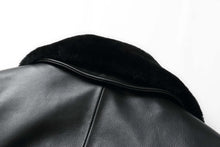 Load image into Gallery viewer, Close-up of REED Men's Premium Leather Aviator Bomber Jacket collar, showcasing soft, durable imported leather texture.