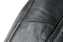 Load image into Gallery viewer, Close-up of 34'' Raglan Reed Classic Men's Car Coat in black leather with zip-out lining detail.