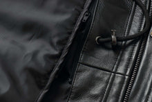 Load image into Gallery viewer, Close-up of black leather men's car coat with zip-out lining and drawstring waist, showcasing luxurious texture and details.