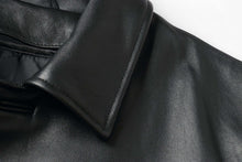 Load image into Gallery viewer, Close-up of REED EST. 1950 men's lambskin leather jacket collar, showcasing premium quality genuine leather material.