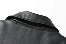 Load image into Gallery viewer, Close-up of black lambskin leather jacket collar showcasing texture and quality craftsmanship.