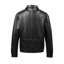Load image into Gallery viewer, Back view of REED Men's New Zealand Lambskin Leather Jacket in black, showcasing premium craftsmanship and sleek design.