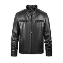 Load image into Gallery viewer, REED men's lambskin leather jacket with stand-up collar, front zip-up, and pockets, ideal for winter.