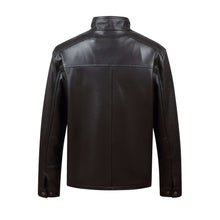 Load image into Gallery viewer, REED men's lambskin leather jacket with stand-up collar, back view. Imported luxurious Winners coat, premium quality, ideal for winter wear.