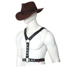 Load image into Gallery viewer, Mannequin wearing Double Folded Real Cowhide Leather Harness for Men Y shape Chest Harness Shoulder Harness Men Fetish Wear