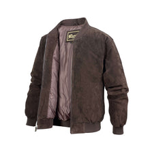 Load image into Gallery viewer, REED Men's Baseball Suede Leather Jacket with soft satin lining, ideal for fall and spring, showcasing its open design.