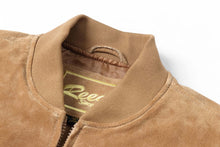 Load image into Gallery viewer, Close-up of REED Men's Baseball Suede Leather Jacket collar, showing soft suede texture and satin lining for fall and spring wear.