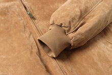 Load image into Gallery viewer, Close-up of REED Men's Baseball Suede Leather Jacket sleeve showcasing soft suede texture and ribbed cuff.