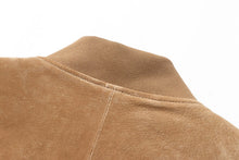 Load image into Gallery viewer, Close-up of the REED Men's Baseball Suede Leather Jacket collar showcasing soft suede texture and classic styling.