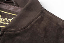 Load image into Gallery viewer, Close-up of REED Men's suede leather baseball jacket collar with soft satin lining for fall and spring.