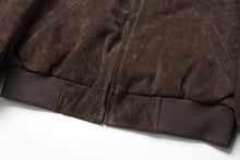 Load image into Gallery viewer, REED Men's baseball suede leather jacket with ribbed hem, showcasing durable imported material and classic design.