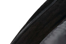 Load image into Gallery viewer, Close-up of REED Men's Baseball Suede Leather Jacket zipper showcasing black suede texture and satin lining.