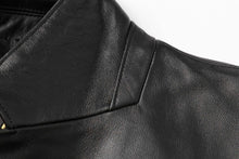 Load image into Gallery viewer, Close-up of REED Men's Premium Lambskin Leather Blazer jacket collar showing fine leather texture.