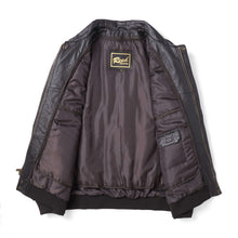 Load image into Gallery viewer, Open view of REED Men's Premium Leather Aviator Bomber Jacket with soft durable leather and classic style, showing inner lining.