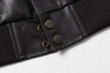 Load image into Gallery viewer, Close-up of REED Men's Premium Leather Aviator Bomber Jacket showing durable leather and branded buttons. Perfect for stylish comfort.