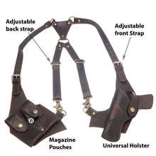Load image into Gallery viewer, Cowhide Leather Vertical Concealed Holster Right and Left Handers Universal Size with adjustable straps and magazine pouches.