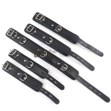 Load image into Gallery viewer, Real Cowhide Leather Wrist and Ankle Cuffs with Neck Collar Restraint Bondage Set Black 7 Piece Padded Cuffs with two connectors