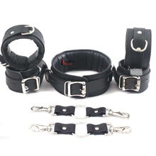 Load image into Gallery viewer, Real Cowhide Leather Wrist and Ankle Cuffs with Neck Collar Restraint Bondage Set Black 7 Piece Padded Cuffs with two connectors