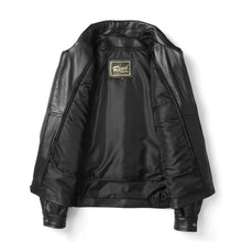 Load image into Gallery viewer, REED men's black lambskin leather jacket, New Zealand leather, open view with interior lining, stylish and flexible blouson.
