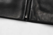Load image into Gallery viewer, Close-up of black lambskin leather jacket with zipper detail, showcasing fine New Zealand leather quality by REED.