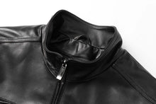 Load image into Gallery viewer, Black REED men's lambskin leather jacket with stand-up collar and zip-up closure, showcasing premium quality and elegant style.