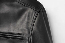 Load image into Gallery viewer, Genuine lambskin leather detail on men's REED jacket with zip pocket and stand-up collar.