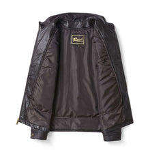 Load image into Gallery viewer, REED Men's Jacket, genuine lambskin leather with stand-up collar and inside pockets, open to show interior lining and label.