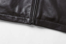 Load image into Gallery viewer, Close-up of genuine lambskin leather men's jacket with zip detail, highlighting premium quality craftsmanship.