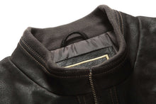 Load image into Gallery viewer, Neck design of REED Men's Baseball Suede Leather Jacket in black, featuring suede texture and satin lining.