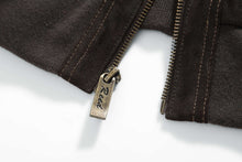 Load image into Gallery viewer, Close-up of REED Men's Baseball Suede Leather Jacket zipper, showcasing durable construction and imported suede.