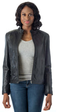 Load image into Gallery viewer, Woman wearing REED Women's Moto Leather Fashion Jacket in black genuine lamb leather.