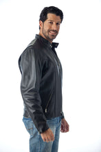 Load image into Gallery viewer, Man wearing REED Classic Motorcycle Leather Jacket in black, made in USA, showcasing full-grain leather quality and comfort.