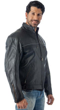 Load image into Gallery viewer, Man wearing black vented leather motorcycle jacket with light reflector and zippers, showcasing protective and stylish design.