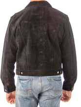 Load image into Gallery viewer, Back view of REED Men's Western Jean Style Suede Leather Shirt Jacket in black, paired with blue jeans.