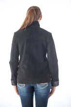 Load image into Gallery viewer, Back view of woman wearing REED suede leather jacket, highlighting premium imported leather with a stylish and comfortable fit.