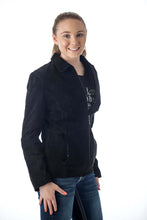 Load image into Gallery viewer, Model wearing women's genuine suede leather fashion jacket with satin lining, crafted from imported premium leather.