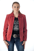 Load image into Gallery viewer, Women's genuine suede leather fashion jacket in red, crafted from premium imported leather by REED, showcasing soft and stylish durability.