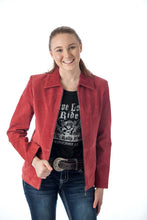 Load image into Gallery viewer, Woman wearing a red suede leather jacket from REED, showcasing stylish design and soft durable material.