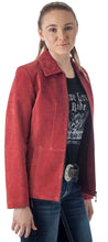 Load image into Gallery viewer, Woman wearing a red suede leather fashion jacket with satin lining by REED.