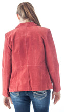 Load image into Gallery viewer, Back view of a woman wearing a red REED Women's Genuine Suede Leather Fashion Jacket with soft suede finish and durable touch.