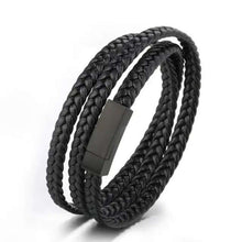 Cargar imagen en el visor de la galería, Classic hand woven multi-layered vegan leather bracelet in sleek black, perfect for men's style and sophistication.